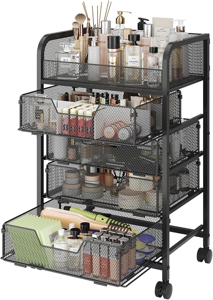 Makeup Cart Organizer with 4 Drawers, Vanity Storage Organizer, Large Floor Skincare Organizers Cosmetics Display Cases for Skin Care Perfume Nail Polish, Black