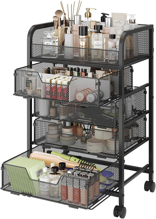 Makeup Cart Organizer with 4 Drawers, Vanity Storage Organizer, Large Floor Skincare Organizers Cosmetics Display Cases for Skin Care Perfume Nail Polish, Black