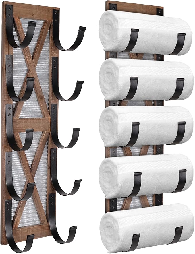 Autumn Alley Farmhouse Towel Holder, Rustic Wine Rack, Rolled Towel Rack, and Wine Holder for Farmhouse Bathroom Accessories Décor, Western Decor Wall Mounted Towel Rack, Rustic Brown