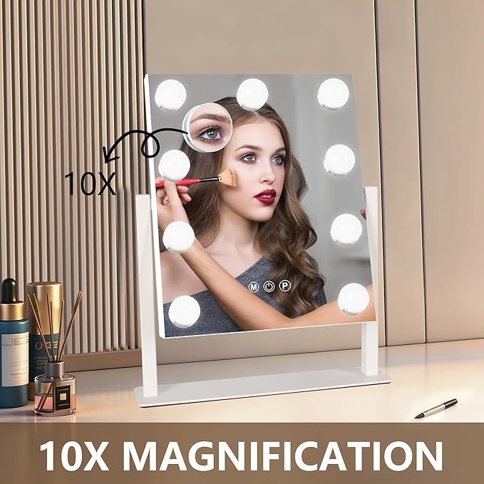 Moonee Vanity Mirror with Lights, Hollywood Lighted Makeup Mirror with 9 Dimmable Bulbs and 10X Magnification 360°Rotation, 3 Color Modes, Aluminum Metal Frame, Light Up Mirror for Tabletop（12" x 14"）