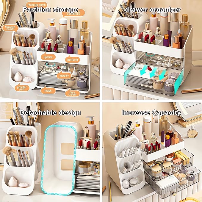 DASITON Makeup Organizer with Brush Holder for Vanity, Bathroom Countertop Organizer with 2 Drawers, Large skincare storage organizers for perfume, lipstick, Nail Polishes and Beauty Essential (Pink)