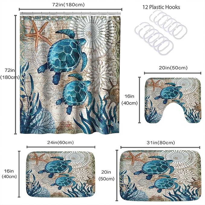 Sea Turtles Nautical Ocean Beach Bathroom Sets with Starfish Coral Shower Curtain and 20 x 31 Rugs Bathroom Accessories Sets Decor with Bath Rug, Bath Mat, U-Shaped Contour and Hooks 72 x 72 Inch