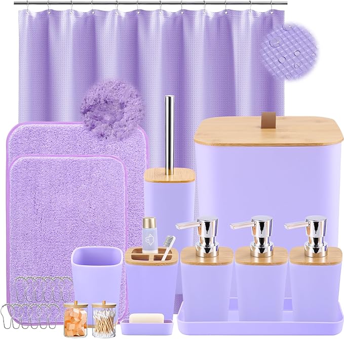 XLHOMO Bathroom Sets with Shower Curtain and Rugs, 27PCS Purple Bathroom Accessories Set with Trash Can, Purple Shower Curtain Set, No Slip Super Absorbent Bathroom Rugs