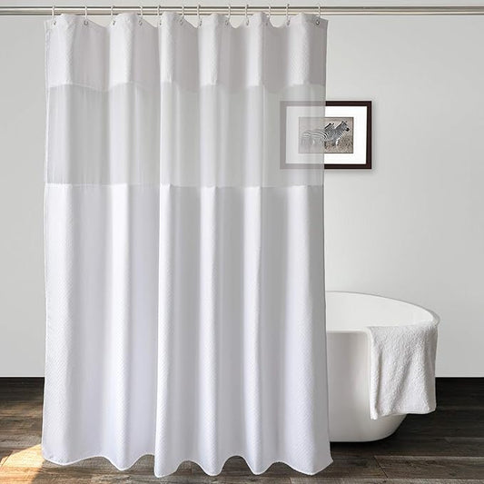 UFRIDAY Waffle Weave Fabric Shower Curtain with Mesh Window, Heavy Duty Decorative Bathroom Curtain with White Pique Pattern, Spa-Like Hotel Luxury, Water-Repellent,71x 74 Inches