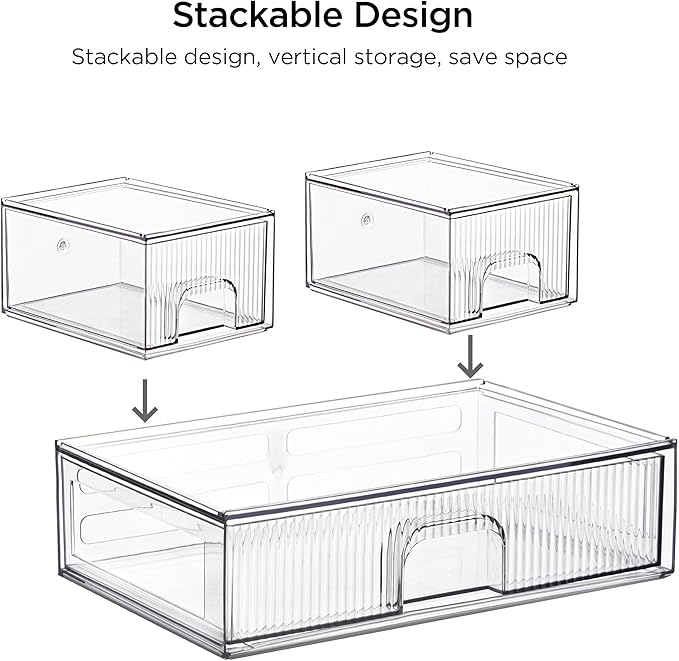 Clear Stackable Desk Storage Drawers, 3 Pack Acrylic Bathroom Makeup Organizers, Easily Assemble All Purpose Plastic Bins for Brightroom, Pantry Organization, Vanity, Undersink, Cabinet