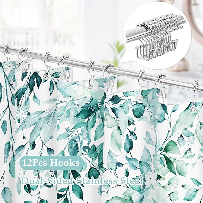 Gibelle 3 in 1 Shower Curtain Set, Teal 72x72 Eucalyptus Bath Curtain and PEVA Liner Set with 12 Metal Hooks, Waterproof Fabric Bathroom Curtain
