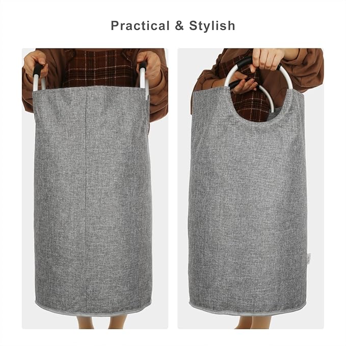 Large Laundry Hamper Bag Collapsible, Tall Laundry Basket with Sturdy Handles, Fabric Dirty Clothes Bin for Laundry, College Dorm, Boys, Man, Durable Heavy Duty Two-Layer ?€? 90L Grey