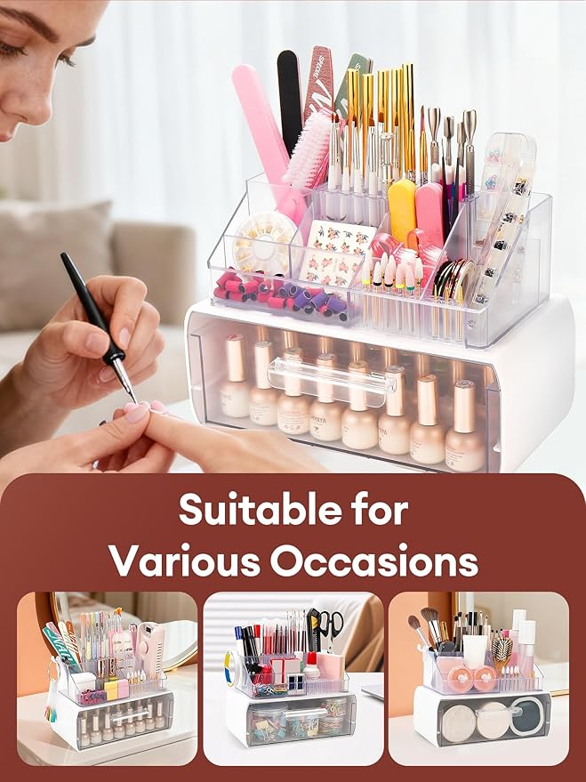 LIARTY Nail Drill Holder with Drawer: Acrylic Nail Drill Bits Holder Makeup Organizer Case for Brush - Beauty Cosmetic Storage Box for Dresser Countertop and Bathroom Vanity