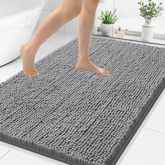 Smiry Luxury Chenille Bathroom Rugs 50x30, Extra Soft and Absorbent Shaggy Bath Mat, Machine Washable, Non-Slip Plush Carpet Runner for Tub, Shower, and Floor, Home Decor Accessories, Grey