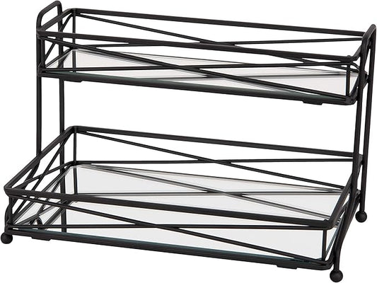 Home Details Mirrored, Perfect for Perfumes, Jewelry, Makeup, Cosmetic Organizer, Stylish Decor in Matte Black 2 Tier Vanity Tower