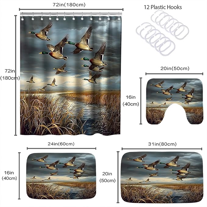 Rustic Wild Ducks Hunting FlyingBathroom Sets with Shower Curtain and 20 x 31 Rugs Bathroom Accessories Sets Decor with Bath Rug, Bath Mat, U-Shaped Contour and Hooks 72 x 72 Inch Brown and Teal