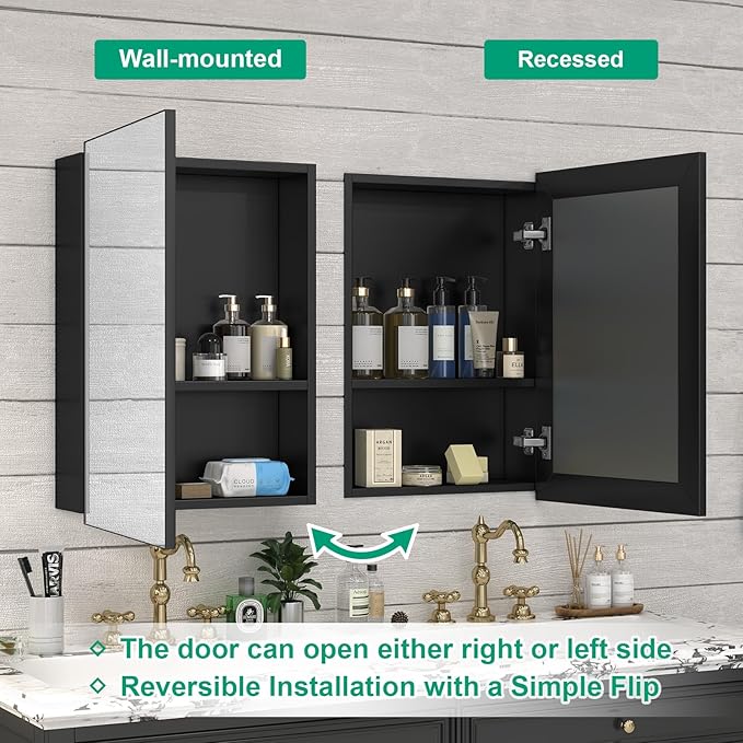 14 x 18 Farmhouse Medicine Cabinet for Bathroom, Small Black Bathroom Mirror with Storage, Tempered Glass, Frameless Recessed or Wall Mount Aluminum Medicine Cabinet - Pre-Assembled