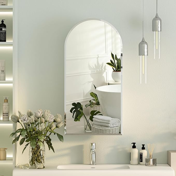 Beveled Edge Arched Recessed Medicine Cabinet with Mirror,Frameless Arched Mirror Medicine Cabinet for Bathroom,Mirrored Cabinets for Bathroom Wall Cabinet with 3 Glass Shelves,16x31