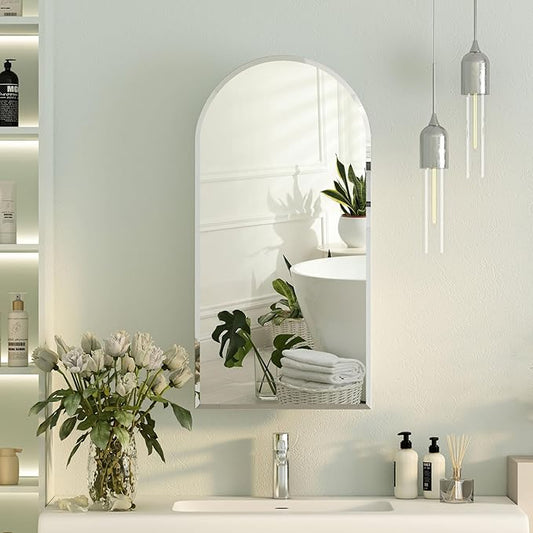 Beveled Edge Arched Recessed Medicine Cabinet with Mirror,Frameless Arched Mirror Medicine Cabinet for Bathroom,Mirrored Cabinets for Bathroom Wall Cabinet with 3 Glass Shelves,16x31