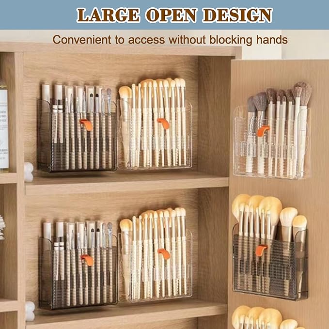 Wall-Mounted Makeup Organizers, 16-Slot Eyeliner Lip Liner Organizer Holder, Open Easy-Access Design, Space-Saving Bathroom Makeup Brush Storage Rack, Transparent Brown