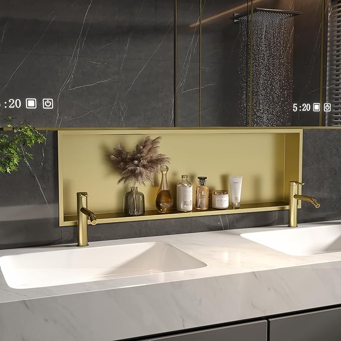 Neodrain Shower Niche, Insert Bathroom Storage Shower Shelf, Stainless Steel Recessed Wall Niche No Tiled Recessed Cabinet Waterproof for Shower Storage(Gold,36"x12")