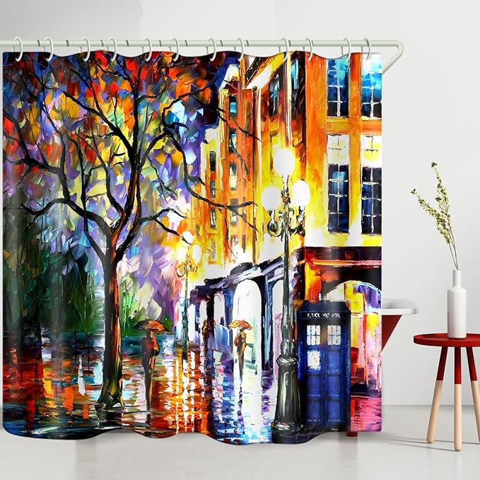 Bright Fabric Shower Curtains, Oil Painting Street Theme Design Art Shower Curtains, Bathroom Decor Set, 12 Shower Curtain Hooks (72 "Wx72 L) Inch Waterproof Shower Curtain.