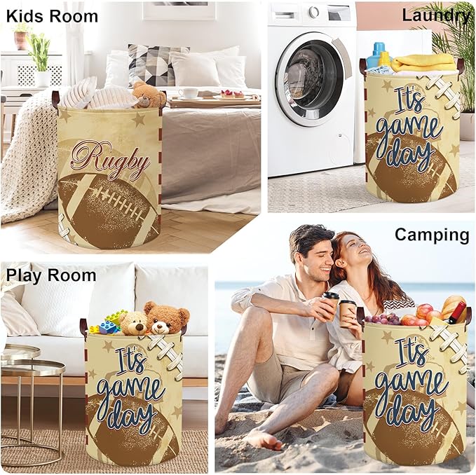 Sports Balls Laundry Hamper Collapsible Clothes Storage Basket Large Laundry Basket for Parent Bathroom/Bedroom, Rugby, 63L