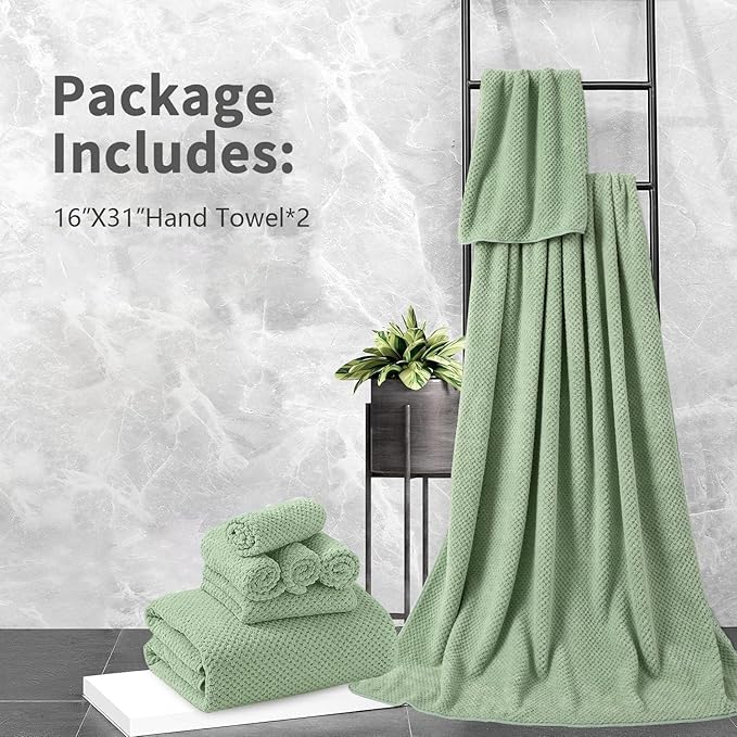 Hand Towels Set 2 Pack-16“x31”,Ultra Soft Microfibers Bathroom Towel Set Highly Absorbent Quick Dry Luxury Premium Towel Lightweight Durable Hand Towel Collection for Hotel Spa Gym Kitchen,Green