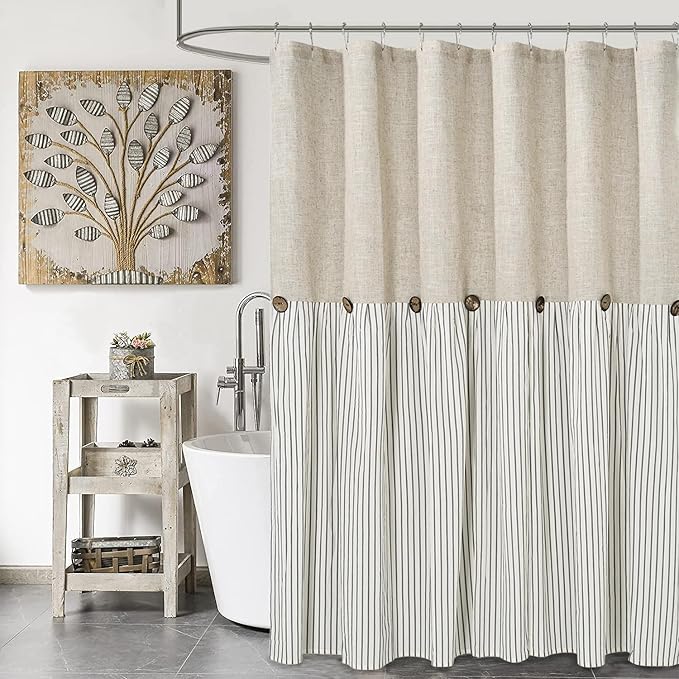 Farmhouse Shower Curtain,Beige and Gray Stripe,Button Curtain,Linen and Cotton Woven Fabric,Rustic Charm Country Chic Style,72x96 in