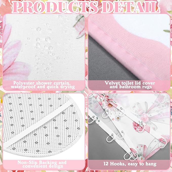 Tatuo 8 Pcs Pink Bow Daisy Shower Curtain Sets for Bathroom Decor Coquette Bathroom Accessories Daisy Rose Aesthetic Girly Shower Curtain Sets with Towels Carpet Bath Mat Toilet Rugs and 12 Hooks