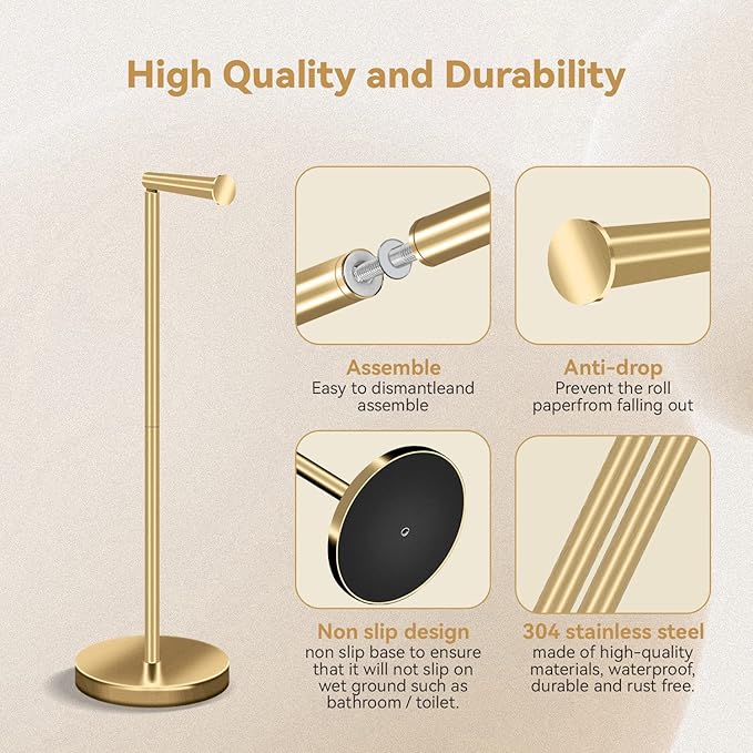 RRM Toilet Paper Holder Stand, Bathroom Free Standing Toilet Paper Holder with Reserve Storage 3-4 Toilet Paper Rolls (Golden)
