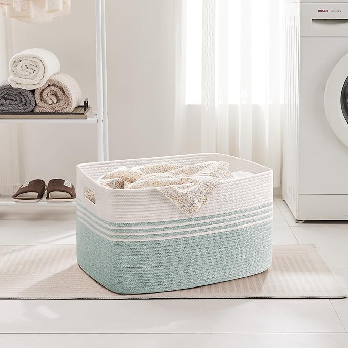100L Extra Large Laundry Basket for Living Room Storage,Woven Rope Baskets for Blanket,Kids Toy,Gifts,Wicker Hamper for Bedroom Dirty Clothes,24"x16"x16" White Green