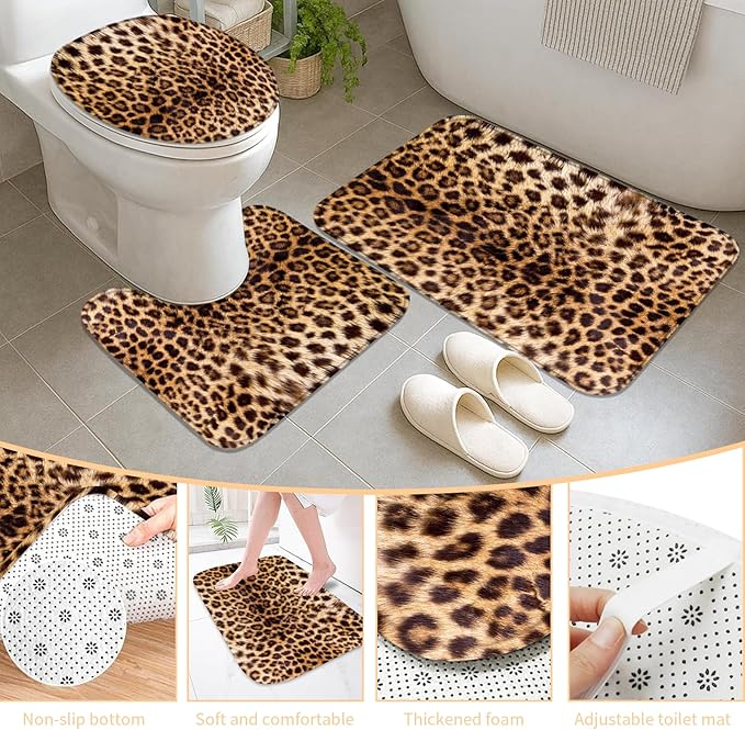 Onalasyc 5Pcs Brown Leopard Shower Curtain Set, Wall Painting Bathroom Sets with Shower Curtain and Rugs, Cheetah Print Bathroom Wall Art Decor Painting Shower Curtains Sets with Rugs
