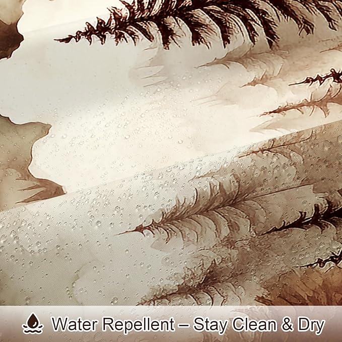 Brown Misty Pine Forest Shower Curtain, Tan Mountain Foggy Woodland Scenery Tree Shower Curtains for Chic Rustic Bathroom, Abstract Modern Waterproof Nature-Themed Decor, 72x72 Inches