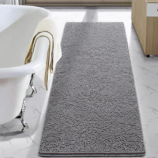 LOCHAS Luxury Bathroom Rug Shaggy Bath Mat 24 x 48 Inch, Washable Non Slip Bath Rugs for Bathroom Shower, Soft Plush Chenille Absorbent Carpets Mats, Gray