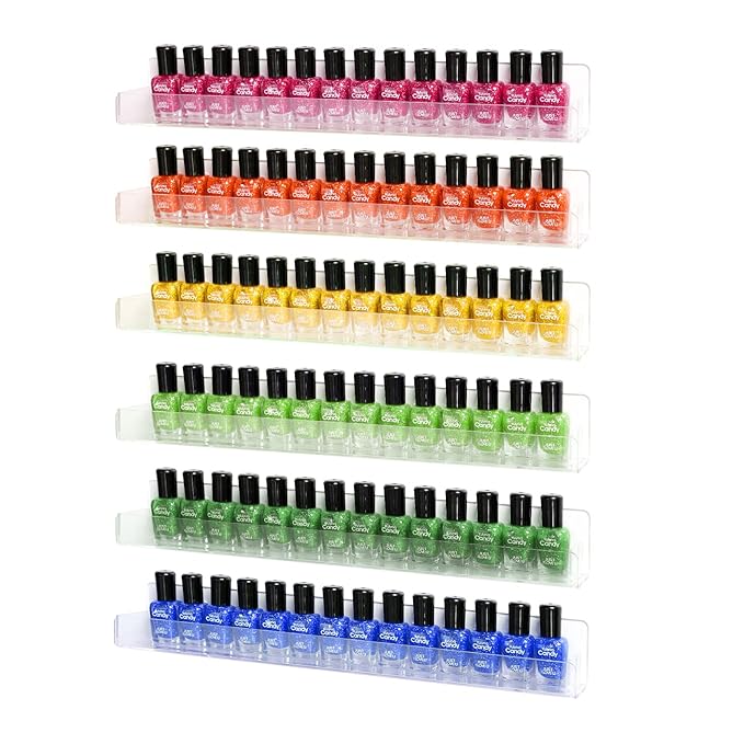 Nail Polish Organizer Wall Mounted, 6 Pack Clear Nail Polish Wall Rack, Acrylic Display Shelf Stand Holder for Paint Tattoo Ink Essential Oil Alcohol Holds Up to 90 Bottles,15 Inch