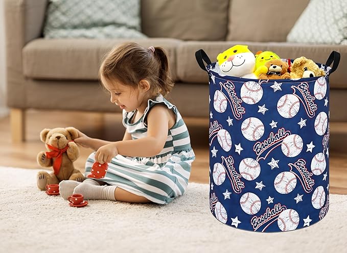 Round Baseball Pattern Laundry Hamper Clothes Storage Basket Fabric Storage Hamper Organization Storage Bin, Nursery Box,Gift Basket with Handles