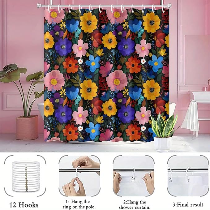 Colorful Floral Shower Curtain 72x72 Inch Bold Bright Flower Print Bathroom Curtain Fabric for Boho or Maximalist Bathroom Decor