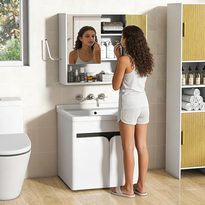 Bathroom Wall Cabinet With Mirror,wall mounted bathroom cabinet,Medicine Cabinet with 2 Door ,Side Hook,Light and Adjustable Shelves,White Cabinet with Wood Grain,Over The Toilet Space Saver Cabinet.