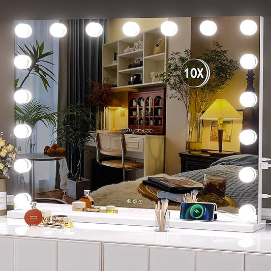 Hasipu 32" x24” Hollywood Vanity Mirror with Lights - Makeup Mirror with 17 Dimmable LED Bulbs, 10X Magnification, Touch Control, USB & Type-C Charging Port (Square White)