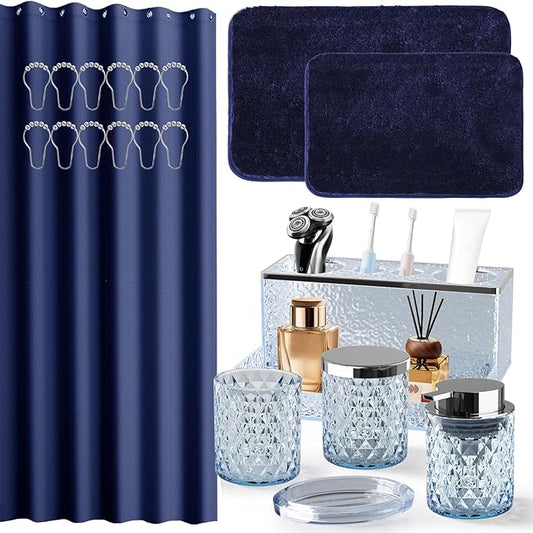 BSSN 20-Piece Blue Glass Bathroom Accessories Set with Shower Curtain and Rugs, Soap Dispenser, Qtip Jar, Toothbrush Holder, All-in-One Complete Bath Decor for Home and Apartment