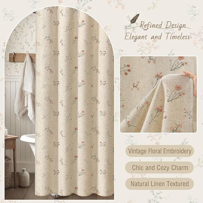 Floral Farmhouse Vintage Linen Shower Curtain, French Country Embroidered Textured Shower Curtains for Bathroom, 72Wx72H