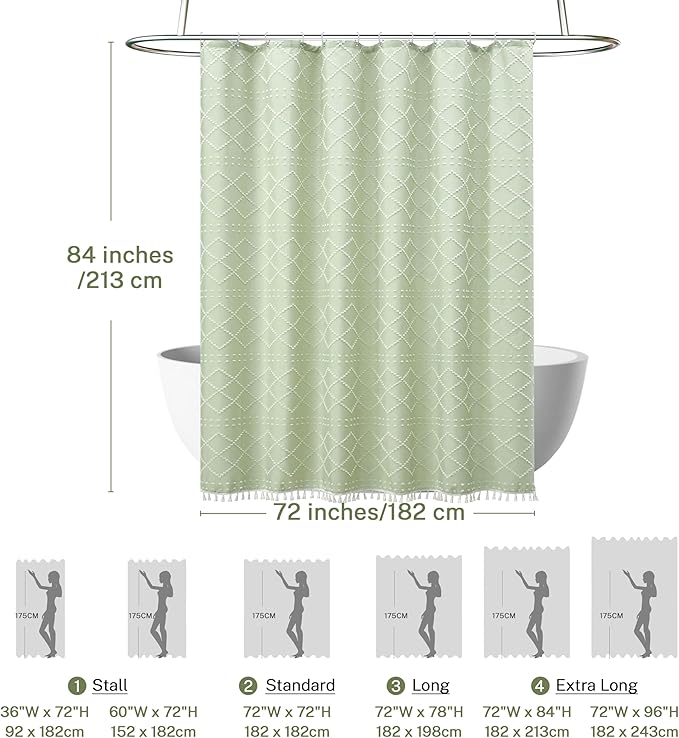 Extra Long Green Boho Shower Curtain - Woven Fabric Cute 84 Inch with Tassel, 72 x 84 Tufted Chevron Textured Striped Modern Farmhouse Minimalist for Bathroom