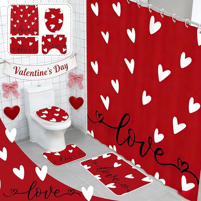 FUTBU Valentines Day Shower Curtain Set for Bathroom, Red Love Heart Shape Red Bathroom Supplies for Valentines Accessories Decor Set, Non Slip Rugs Toilet Lid Cover U Shape Bath Mat and 12 Hooks