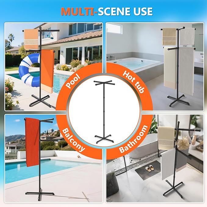 Hjarta Outdoor Towel Rack for Pool, 59 Inch Pool Towel Holder with 8 Bars, Poolside Towel Racks for Outdoor, Towel Drying Rack for Pool Area Outside, Bathroom, Spa, Hot Tub