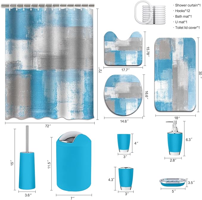 Lnond Blue Bathroom Set, 23-Piece Blue Grey Abstract Bathroom Decor Set with with Shower Curtain and Rugs, Trash Can, Toilet Brush Holder Set & Soap Dispenser
