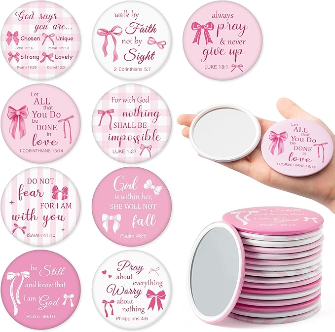 Y1tvei Bow Bible Compact Mirrors - 36Pcs Bowtie White Pink Bible Verse Mini Compact Mirrors, Bow Knot Small Portable Round Pocket Mirror Christian Inspirational Church Party Favors Gifts for Women