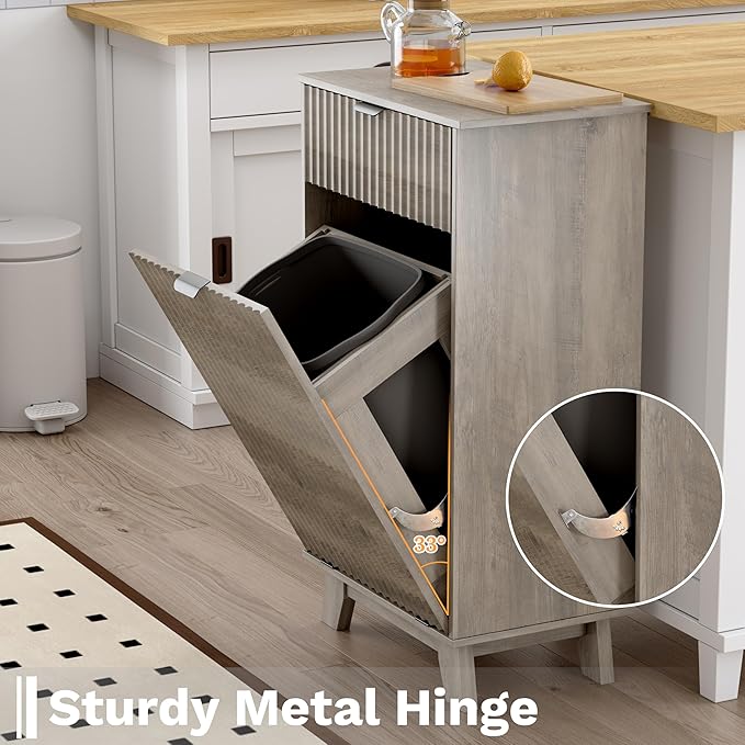 Double Tilt Out Laundry Hamper Cabinet, 20 Gallon Wooden Trash Can Cabinet with Storage Drawers, Hidden Fluted Garbage Can Holder for Kitchen, Living Room (Wood Grey, 20.47"W x 35.83"H x 13"D)