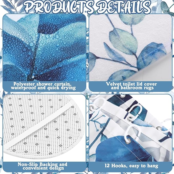 Tatuo 8 Pcs Blue Eucalyptus Shower Curtain Set Blue Eucalyptus Theme Bathroom Accessories Sets Decor Nautical Coastal Waterproof Shower Curtain with Towels Carpet Bath Mat Toilet Rugs and 12 Hooks
