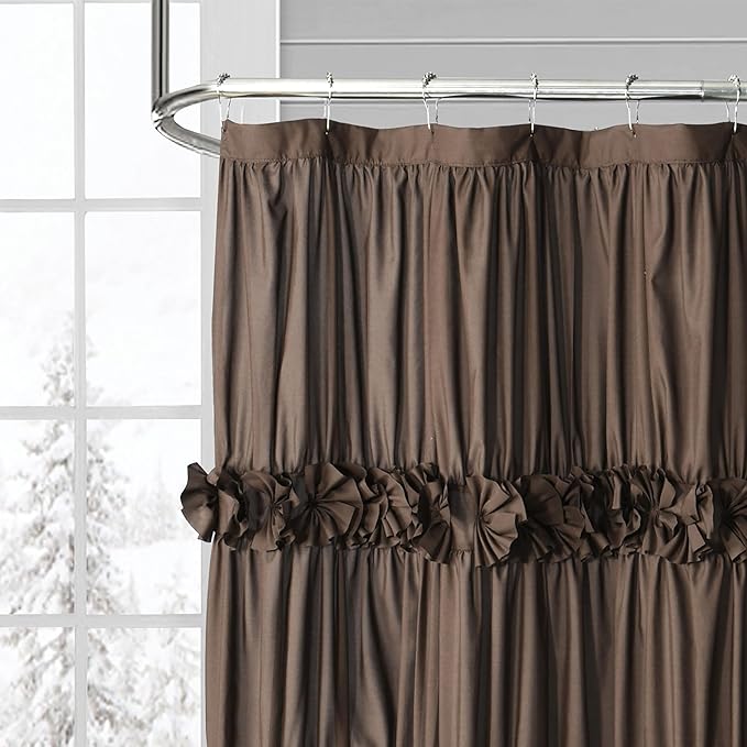 Chocolate Ruffle Shower Curtain, Vintage Handcrafted Bow Tie Bath Curtain for Master Bathroom, Ruched Microfiber Bathroom Curtain with 12 Buttonholes, 72" W x 72" H (LQ-10)