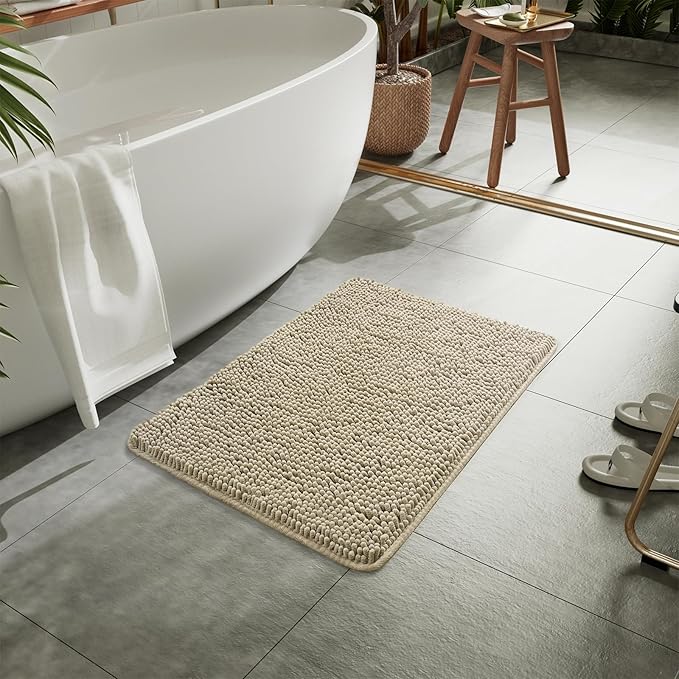 LOCHAS Luxury Bathroom Rug Shaggy Bath Mat 24 x 36 Inch, Washable Non Slip Bath Rugs for Bathroom Shower, Soft Plush Chenille Absorbent Carpets Mats, Beige