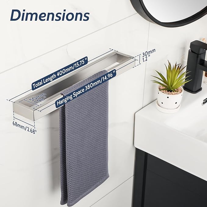 Sayayo Brushed Nickel Towel Bar for Bathroom, 16 Inch Hand Towel Holder Wall Mount Square Towel Ring SUS304 Stainless Steel Towel Rack