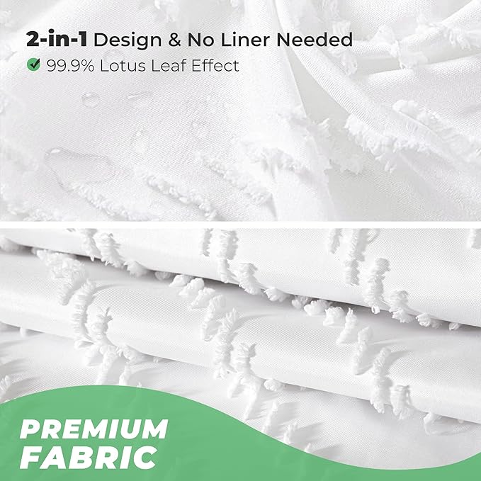 Small Stall White Boho Fabric Shower Curtain, 36x72 Half Size, Textured Tufted Chevron Striped Minimalist Cloth Bathroom Shower Curtain