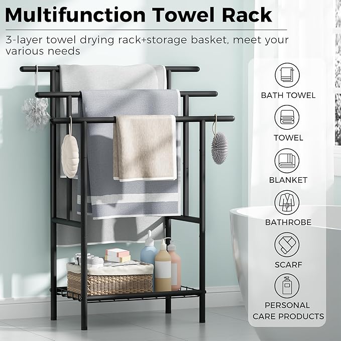 Free Standing Towel Racks for Bathroom, 3-Layer Towel Drying Rack with Storage Rack, Black Metal Pool Towel Rack Outdoor, 12" W x 25.8" L x 39.4" H, UXJMJ002B