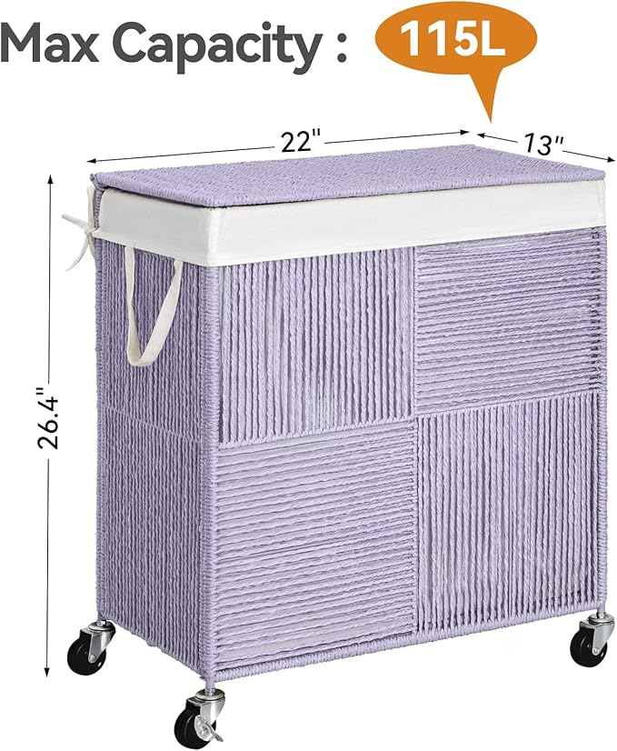 WOWLIVE Double Laundry Hamper with Lid, Handwoven Rolling Laundry Basket with Wheels, 115L Dirty Clothes Hamper with Removable Liner Bag Large Capacity Laundry Sorter Laundry Room Organization,Purple
